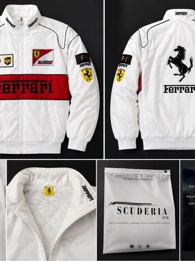 Ferrari White Jacket with Red Chest Stripe and Black Logos